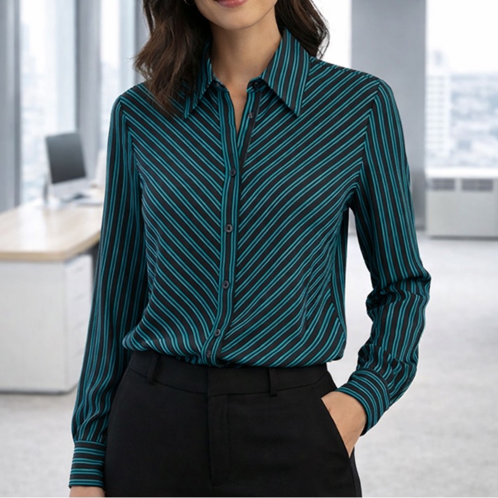 Joanna Button Front Stripe Shirt L Stretch Long Sleeve Black Blue‎ Career Office
